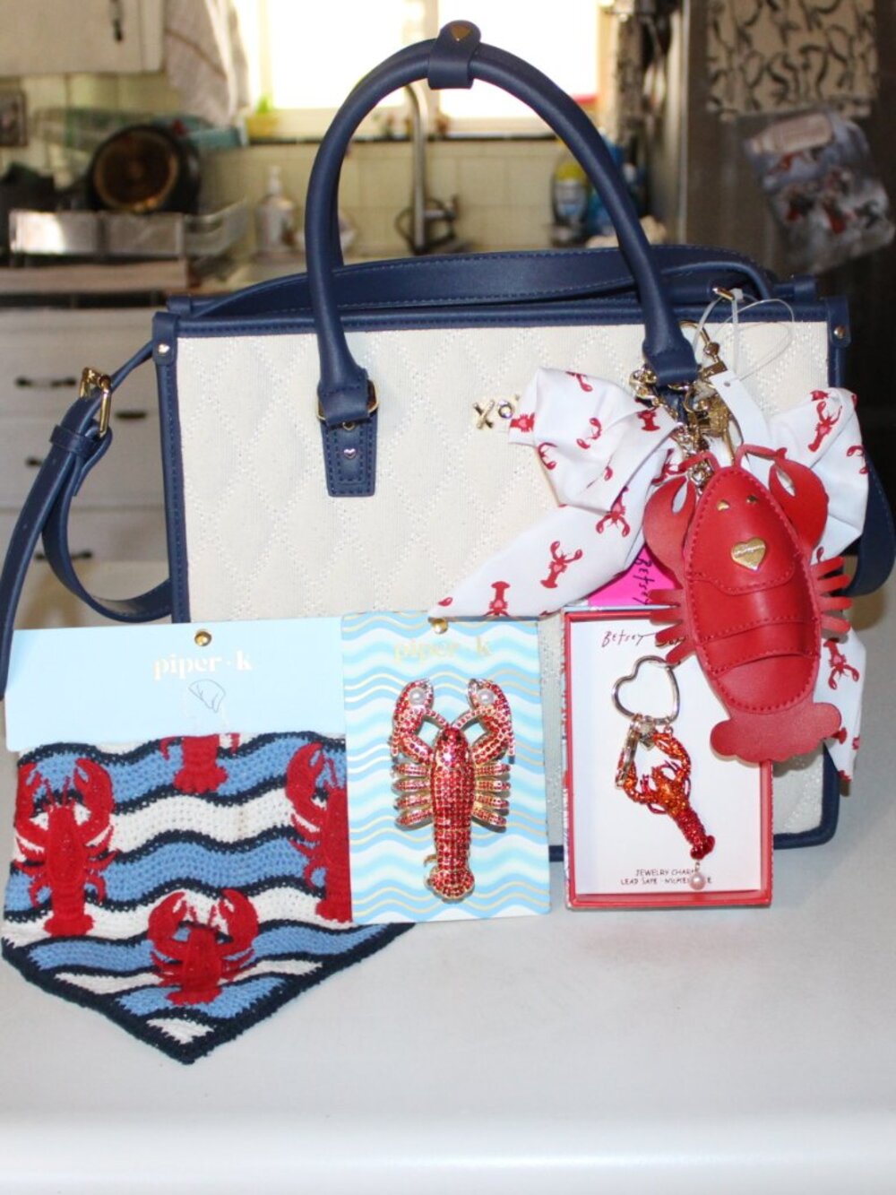 NWT Betsey Johnson "LALA" Lobster tote, ke chain, hair clip, hair scarf set! FUN